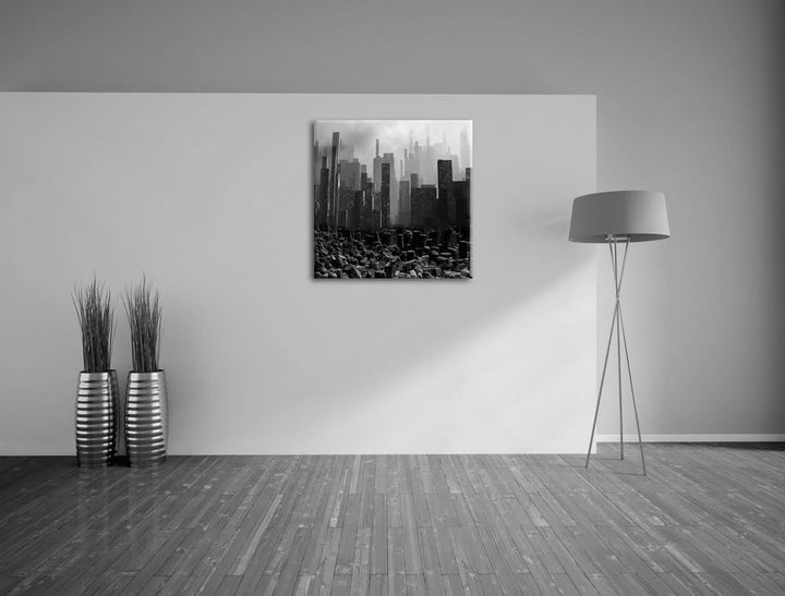 Stadt in Trümmern, Format: 70x70 auf Leinwand, XXL riesige Bilder fertig gerahmt mit Keilrahmen, Kun