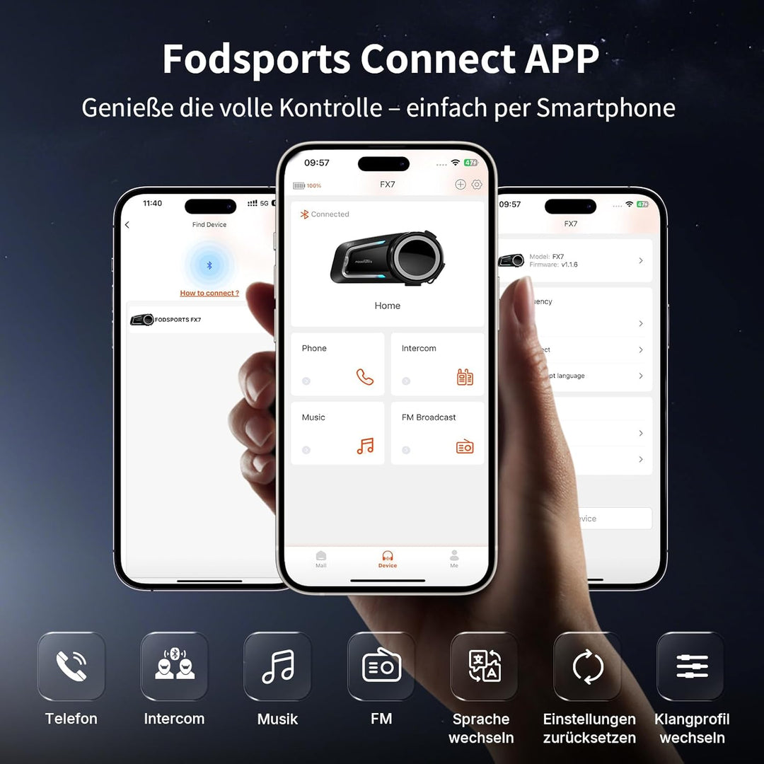 Fodsports FX7 Mesh Motorrad Headset V3.0,APP-kompatibel, Helm Kommunikationssystem mit Audio-Multita