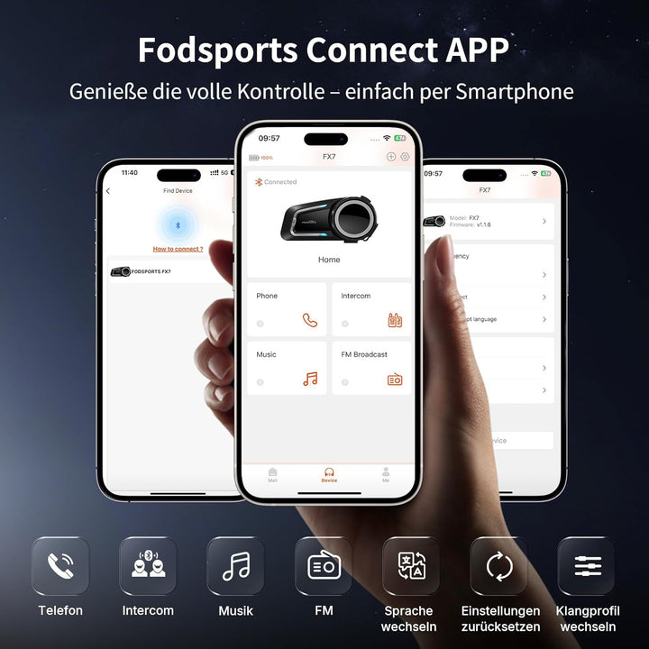 Fodsports FX7 Mesh Motorrad Headset V3.0,APP-kompatibel, Helm Kommunikationssystem mit Audio-Multita