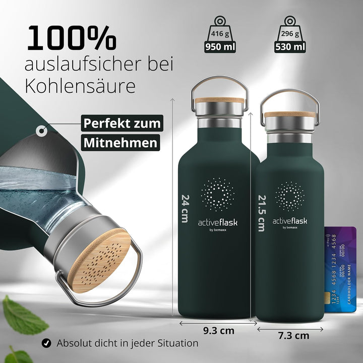 Trinkflasche Edelstahl mit Strohhalm, Infuser + 3 Deckel: BPA-frei, Auslaufsicher, Kohlensäure geeig