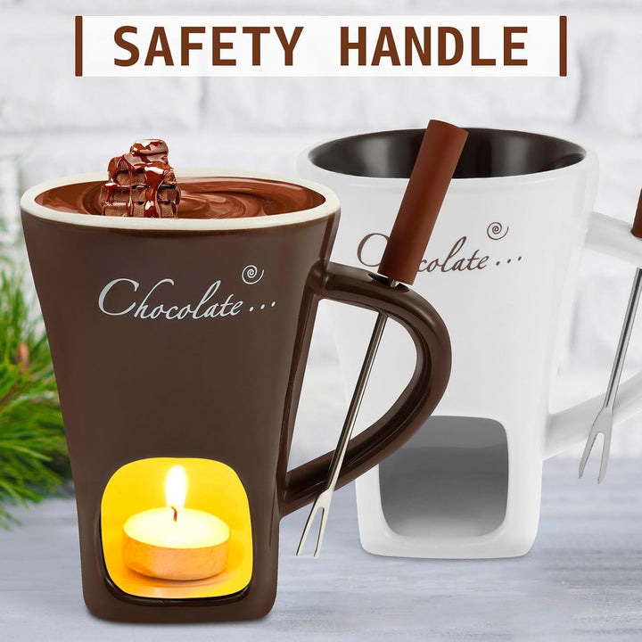 2 Stück Schokofondue Tasse,Schokoladen Fondue Becher Set,Keramik Schokoladenfondue mit Gabel,Schokol