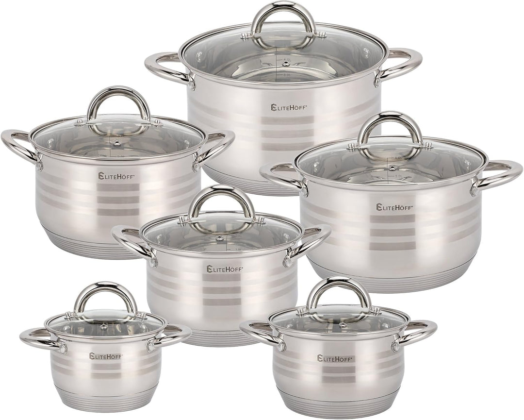 EliteHoff 12-Teilig Induktion Kochtopf-Set, 5-lagig Edelstahl Kochtopf, 6er Set Töpfe mit Deckeln, f