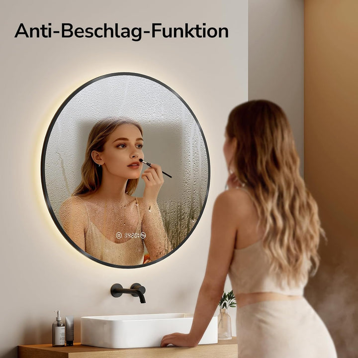 EMKE Runder Spiegel mit Beleuchtung ф60cm LED Badspiegel Schwarzer Rund Badezimmerspiegel mit Touch,