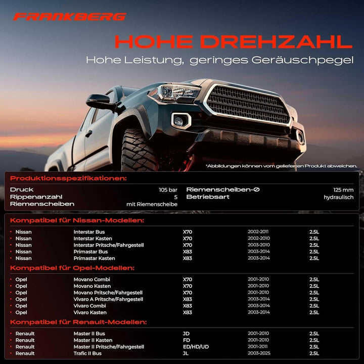 Frankberg Servopumpe Hydraulikpumpe Lenkung Kompatibel mit Interstar X70 2.5L 2002-2010 Primastar X8
