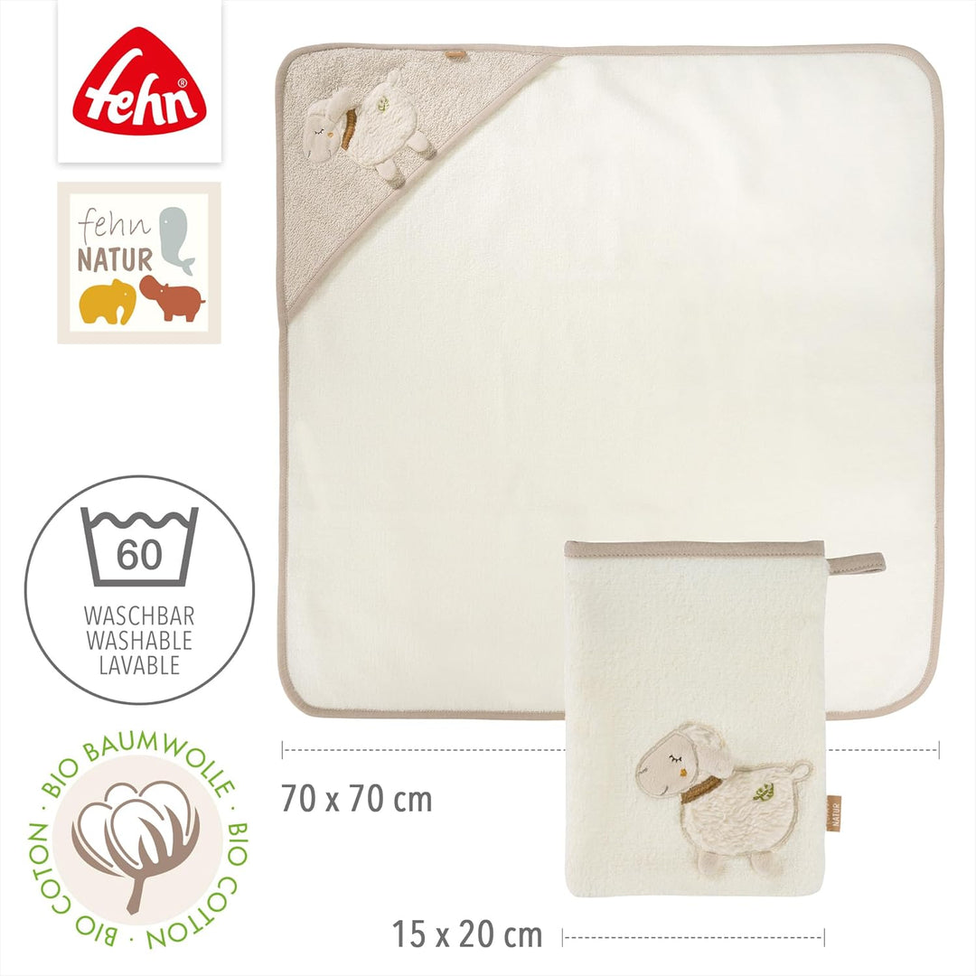 Fehn Bade-Set Schaf Natur – Bade-Set Handtuch & Waschlappen aus Baumwolle aus biolgischem Anbau - mi