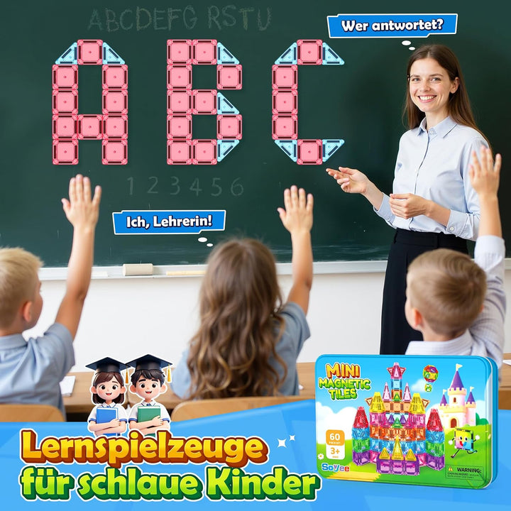 Mini Magnetische Bausteine Reiseset 60PCS mit Metallbox, STEM Lernspielzeug | Tragbares Reisespielze