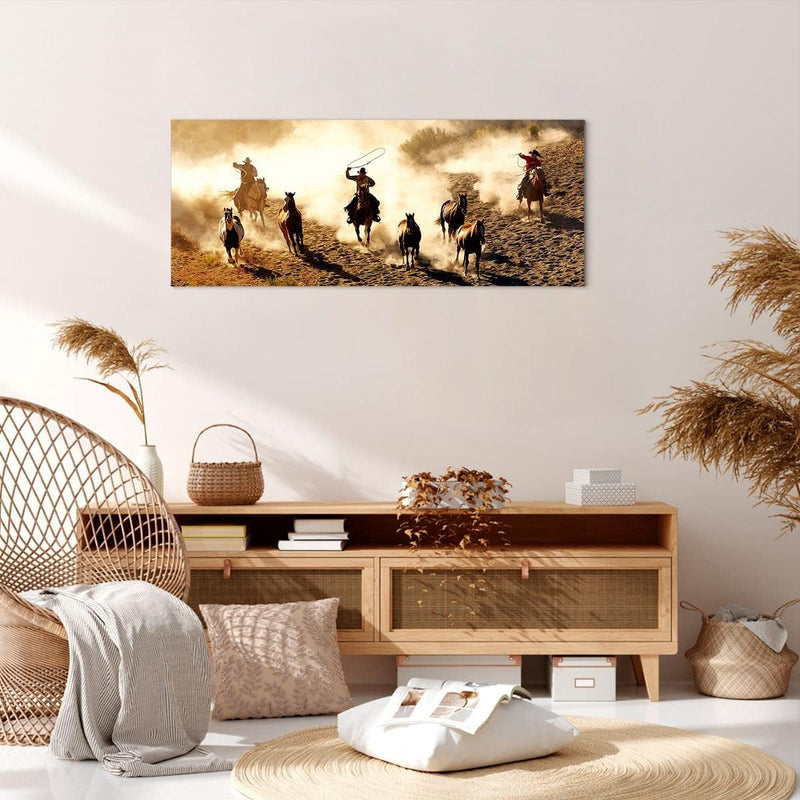 Panorama Bilder auf Leinwand 100x40cm Leinwandbild Cowboys Pferde Galopp Gross Wanddeko Bild Schlafz