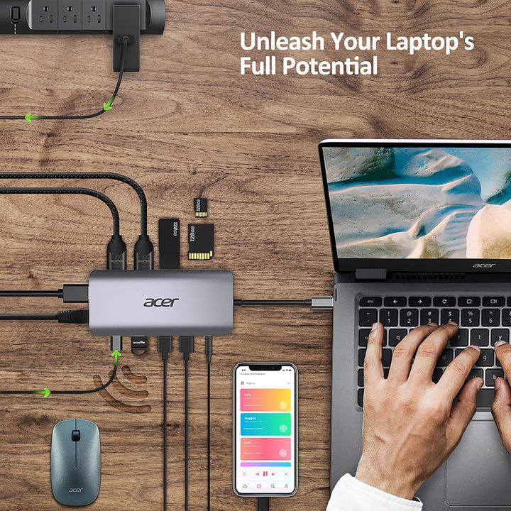 Acer 12-in-1 Mini Dock (USB Type-C zu 1x USB Type-C (w PD), 2x USB 3.2, 2x USB 2.0, 2x HDMI, 1x Disp