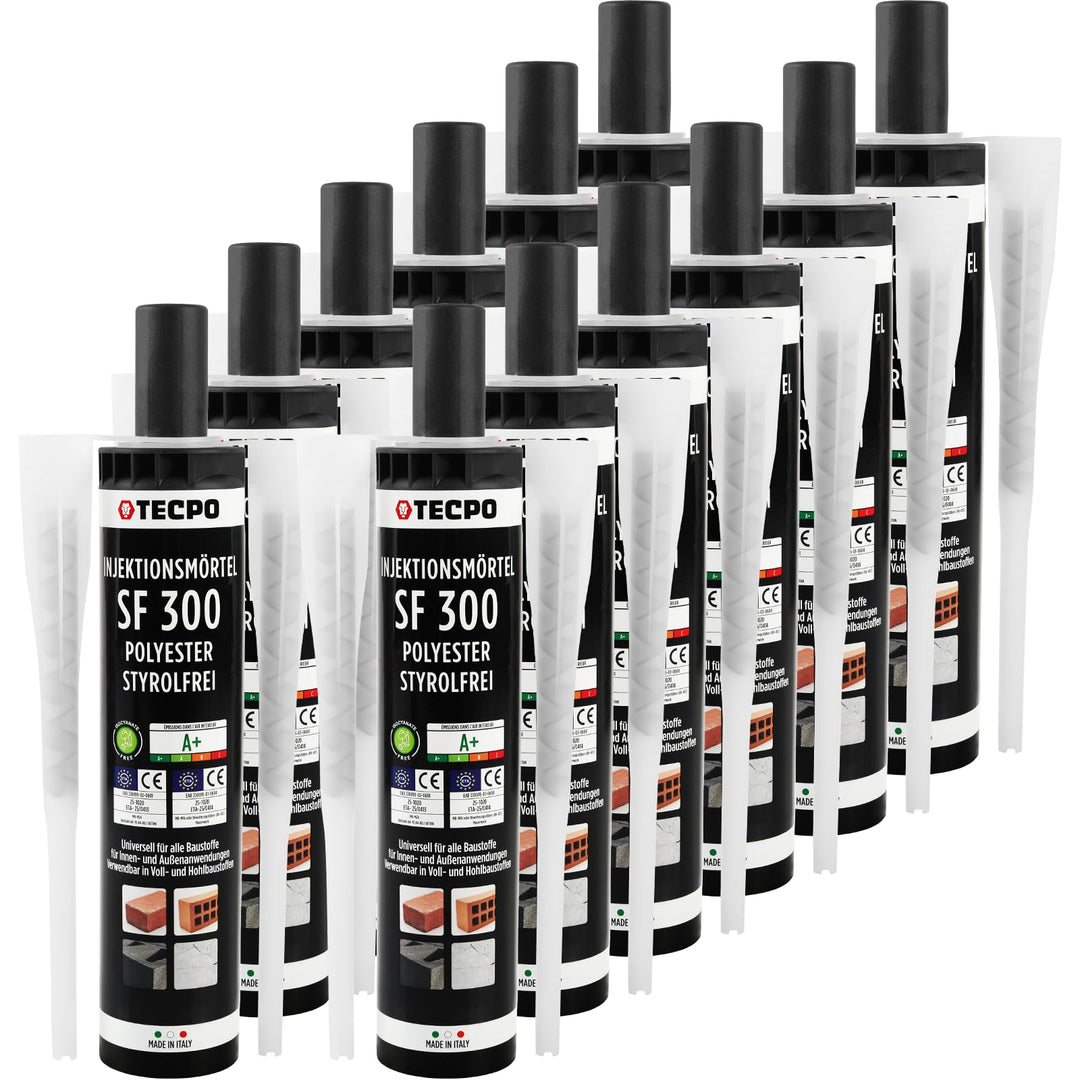 TECPO 12x Injektionsmörtel SF 300 ml inkl. Statikmischer Vebundsmörtel Ankerkleber Innen & Aussen Mö