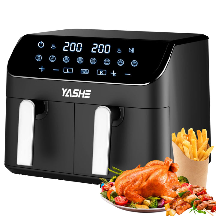 YASHE Dual Zone Heissluftfritteuse, 9L XL Kapazität Doppel-Airfryer mit Digital Control, 8-in-1 Koch