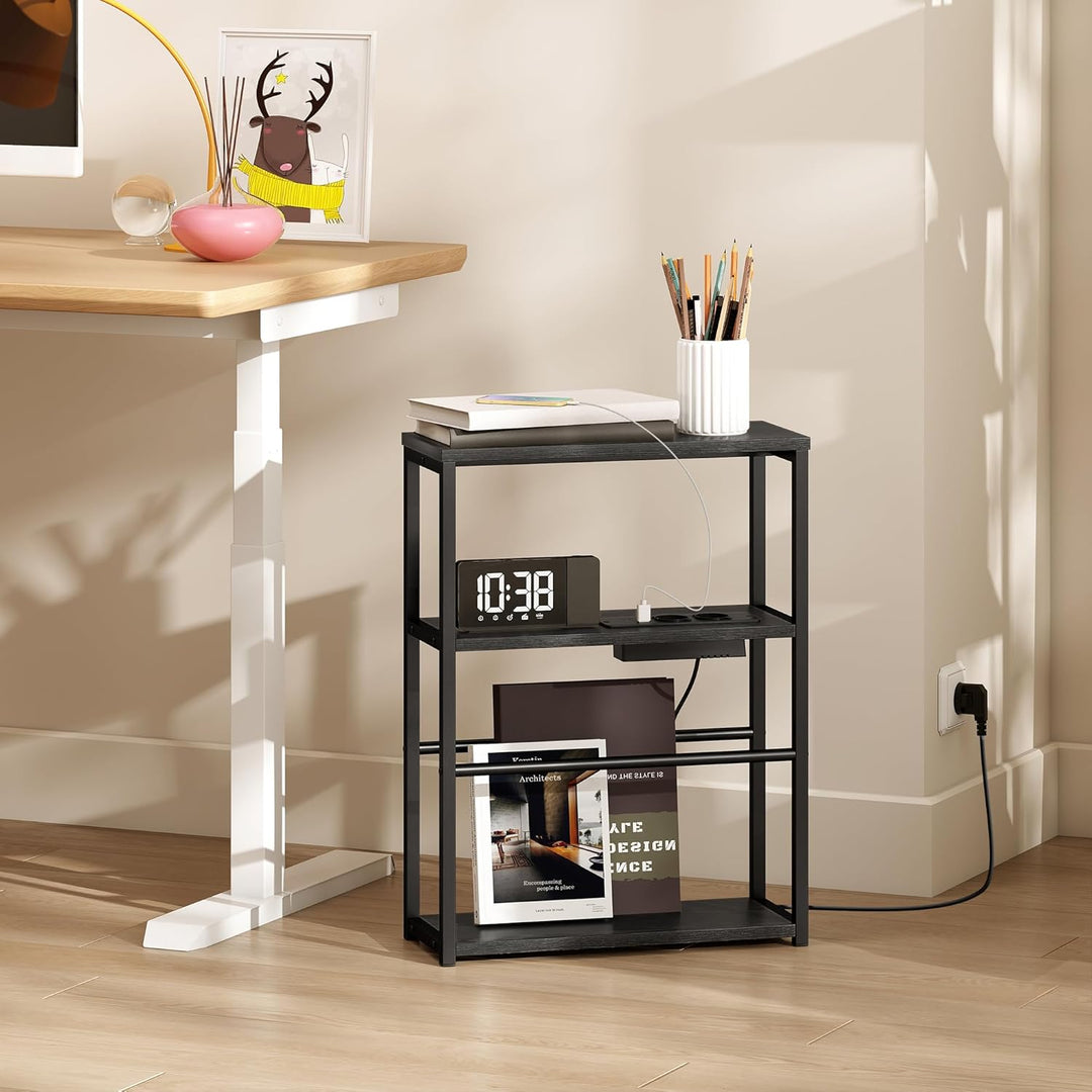 HOMCOM Beistelltisch schmal mit Steckdosenleiste USB &amp; Type-C, Nachttisch mit 2 Ablage, Stoffschubla