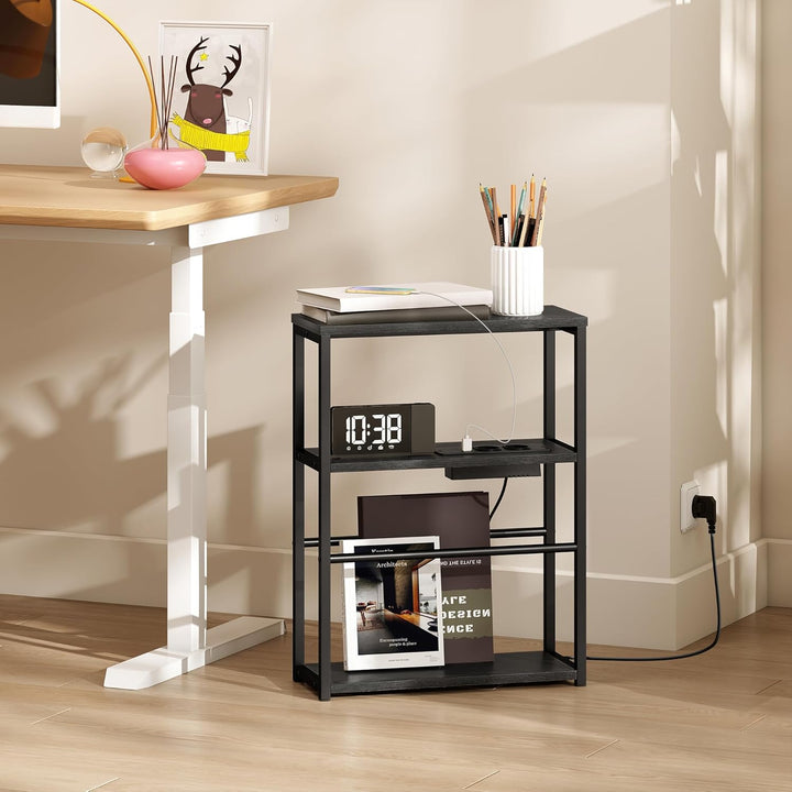 HOMCOM Beistelltisch schmal mit Steckdosenleiste USB &amp; Type-C, Nachttisch mit 2 Ablage, Stoffschubla