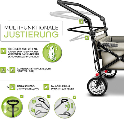 TRESKO® Bollerwagen faltbar mit Dach | Handwagen mit 2x3-Punkt Gurtsystem | Gartenwagen klappbar bis