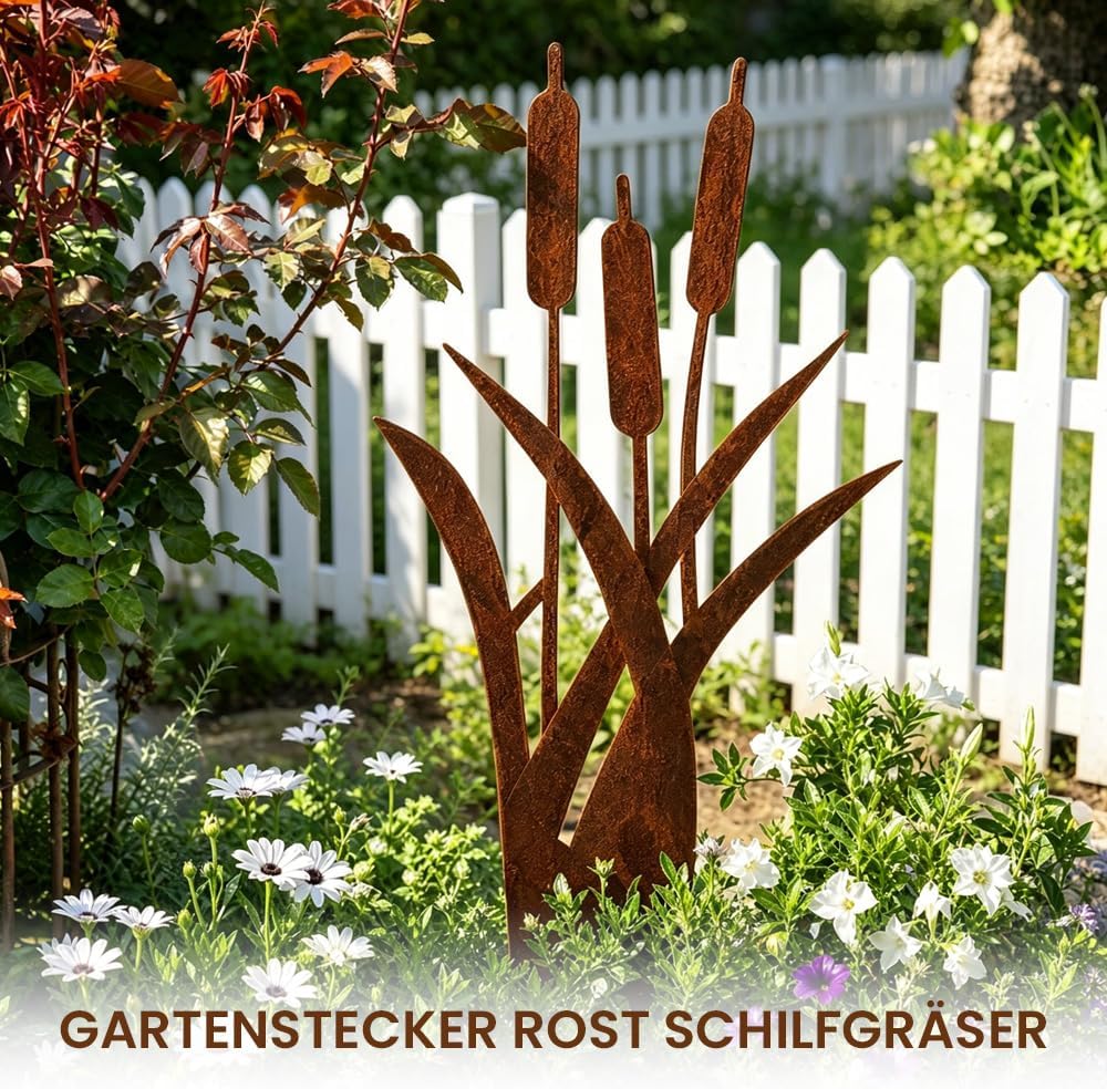 Gartenstecker Rost Schilfgräser, Gartenstecker Metall, Gartendeko Rost für Draussen, Edelrost Garten