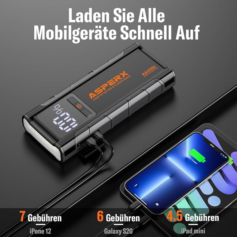 AsperX Starthilfe Powerbank 4500A 12V(Bis Zu Alle Benzin Oder 10,0 L Diesel) Auto Starthilfe Mit LED