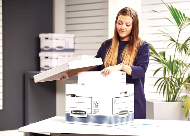 Fellowes R-Kive Prima Standard Archivbox mit automatischem FastFold Aufbau, 10 Stück, weiss/blau Bla