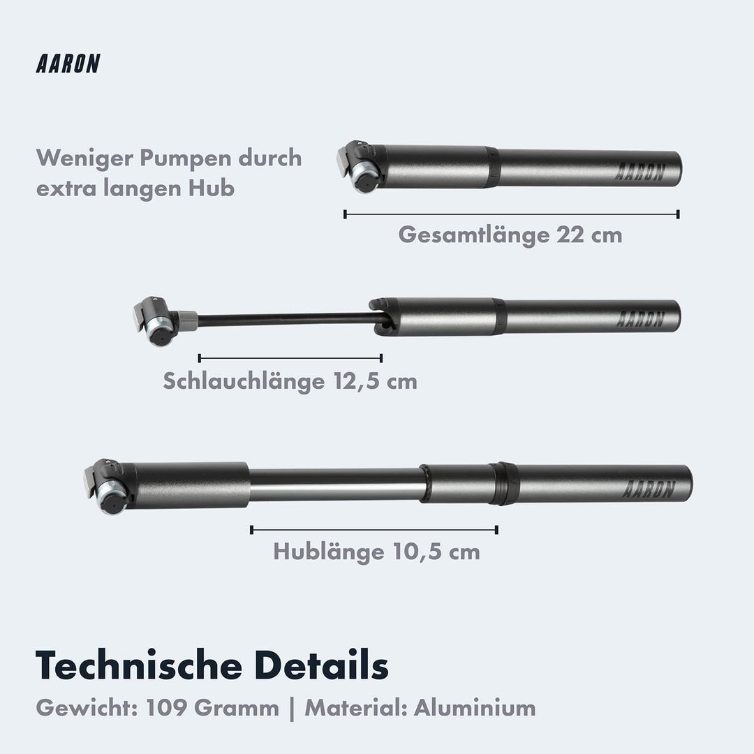 AARON Pocket One Mini Fahrradpumpe für alle Ventile - kompakte Luftpumpe passend für jeden Rahmen -