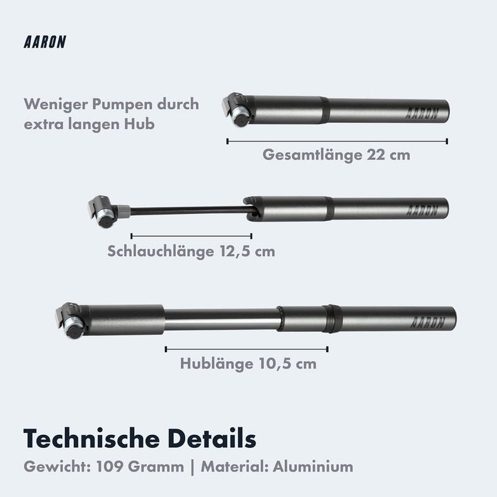 AARON Pocket One Mini Fahrradpumpe für alle Ventile - kompakte Luftpumpe passend für jeden Rahmen -