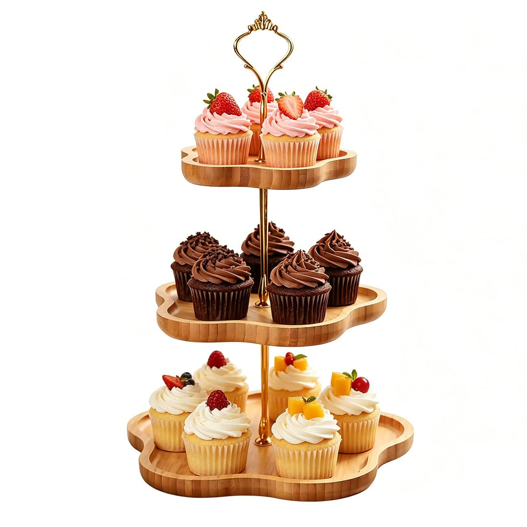 Etagere 3 Etagen aus Bambus, Cupcake Ständer 30 25 20 cm, Tortenständer Holz mit Metallgriff, Servie