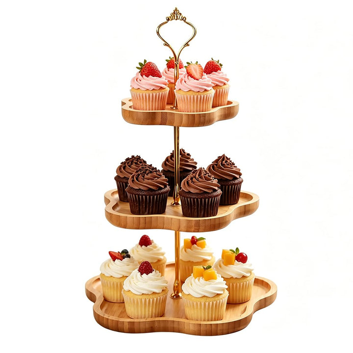 Etagere 3 Etagen aus Bambus, Cupcake Ständer 30 25 20 cm, Tortenständer Holz mit Metallgriff, Servie