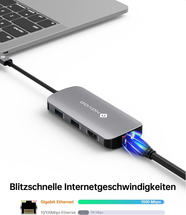 NOVOO Mulitport Adapter USB C auf Ethernet, 7 in 1 Hub USB C auf HDMI 4K, 100 W PD Ladeanschluss, US