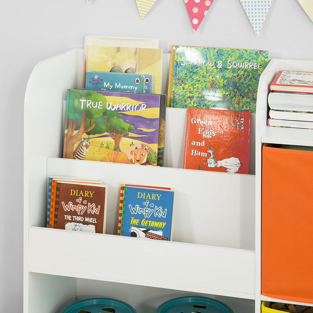 SoBuy KMB37-W Kinder Bücherregal Kinderregal mit 5 Ablagefächern und 2 Stoffboxen Spielzeugregal Auf