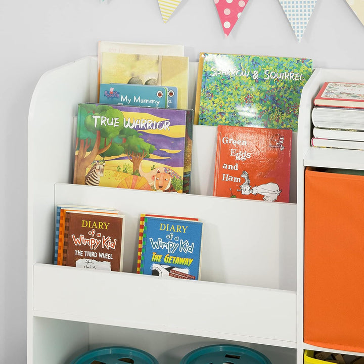 SoBuy KMB37-W Kinder Bücherregal Kinderregal mit 5 Ablagefächern und 2 Stoffboxen Spielzeugregal Auf