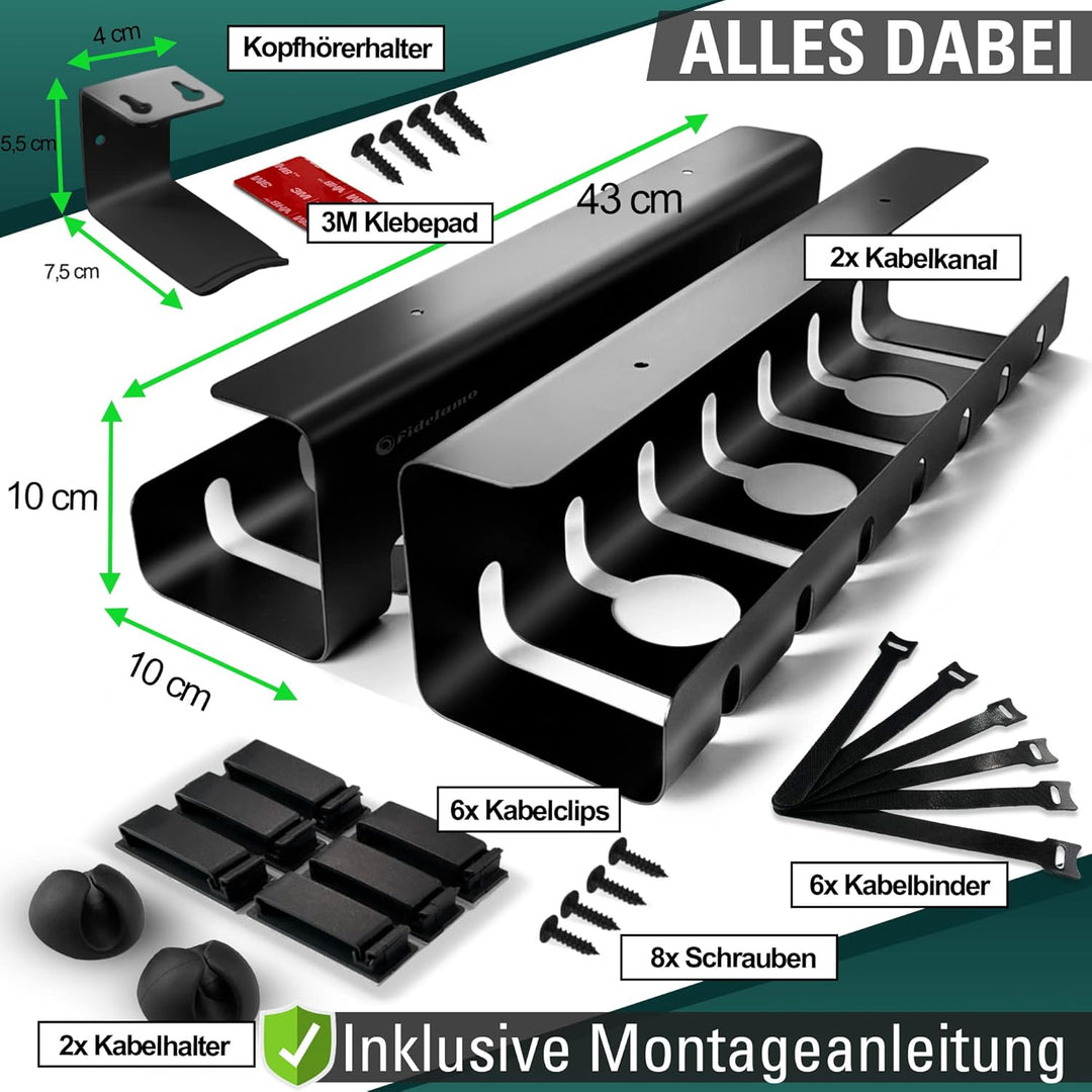 Fidelamo® Kabelkanal Schreibtisch [2 Stück] inkl. Zubehör + Kopfhörerhalter [1 Stück] - Komplettset