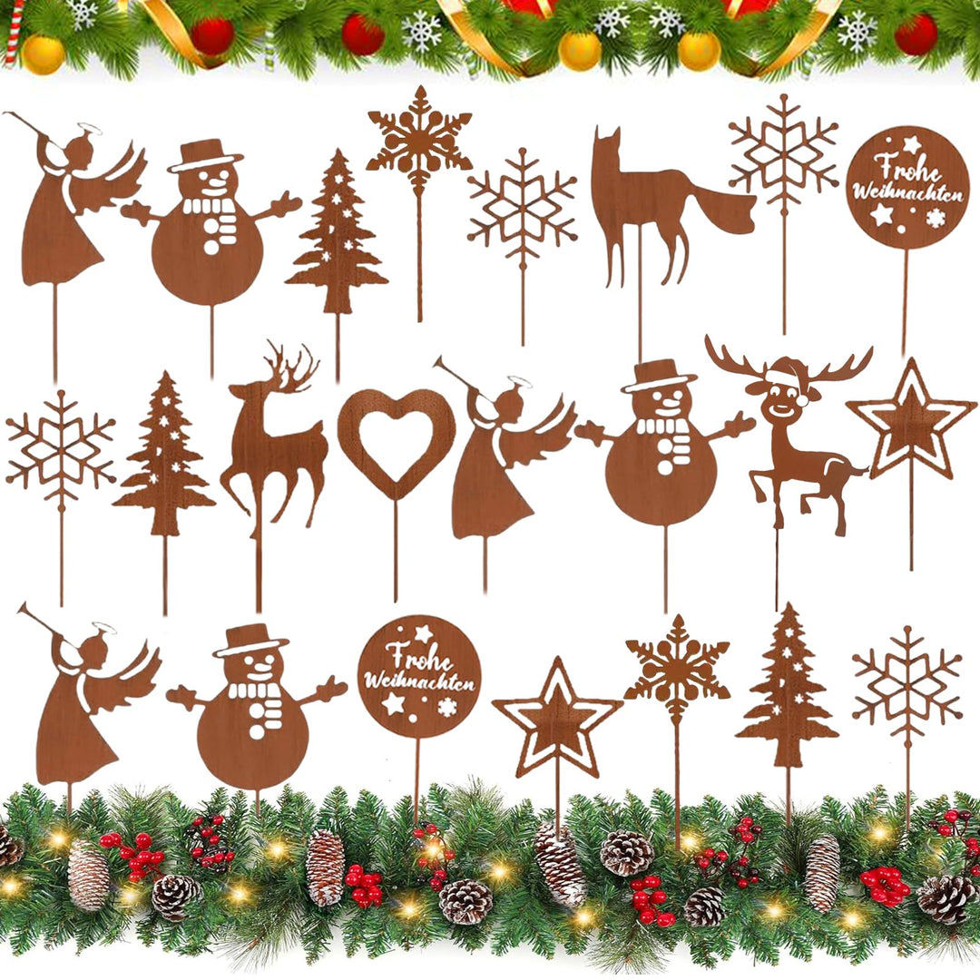 22PCS Garten Roststecker Metall Adventskranz Rost Dekostecker Winterwald Rost Gartendeko Stecker Ros