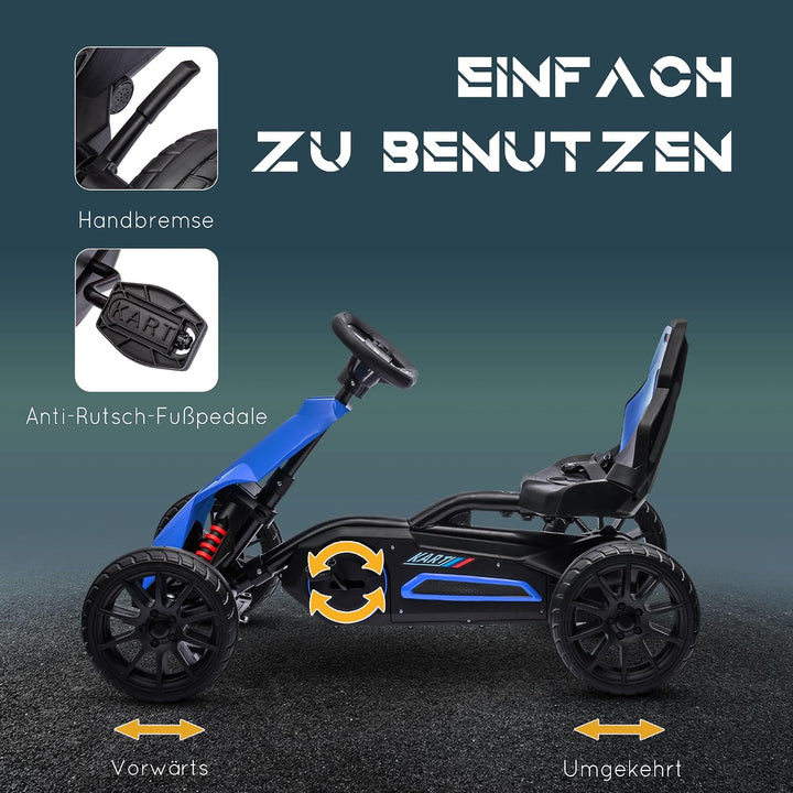 HOMCOM Gokart Tretauto mit Handbremse für Kinder 3-8 Jahren Schwarz | Verstellbarem Sitz, Vor- und R