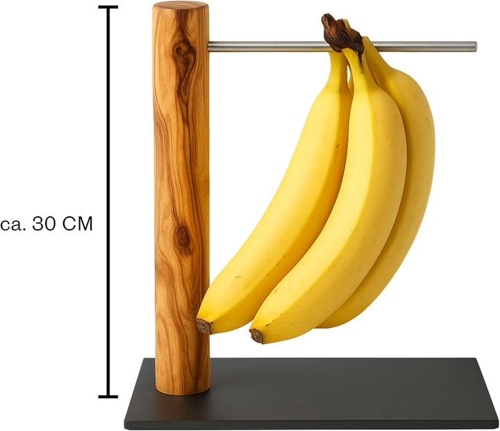 Figura Santa Handgefertigter Bananenhalter aus Olivenholz, Obstständer mit Stange, Italienische Hand