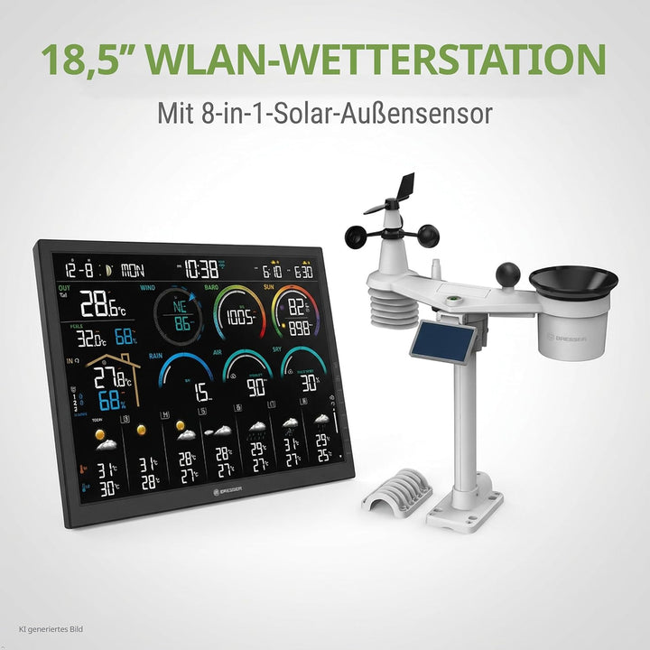 Bresser WLAN Wetterstation 18,5" mit 8-in-1 Sensor, 14-Tage Prognose, WBGT, UV-Solar, Regen- und Win