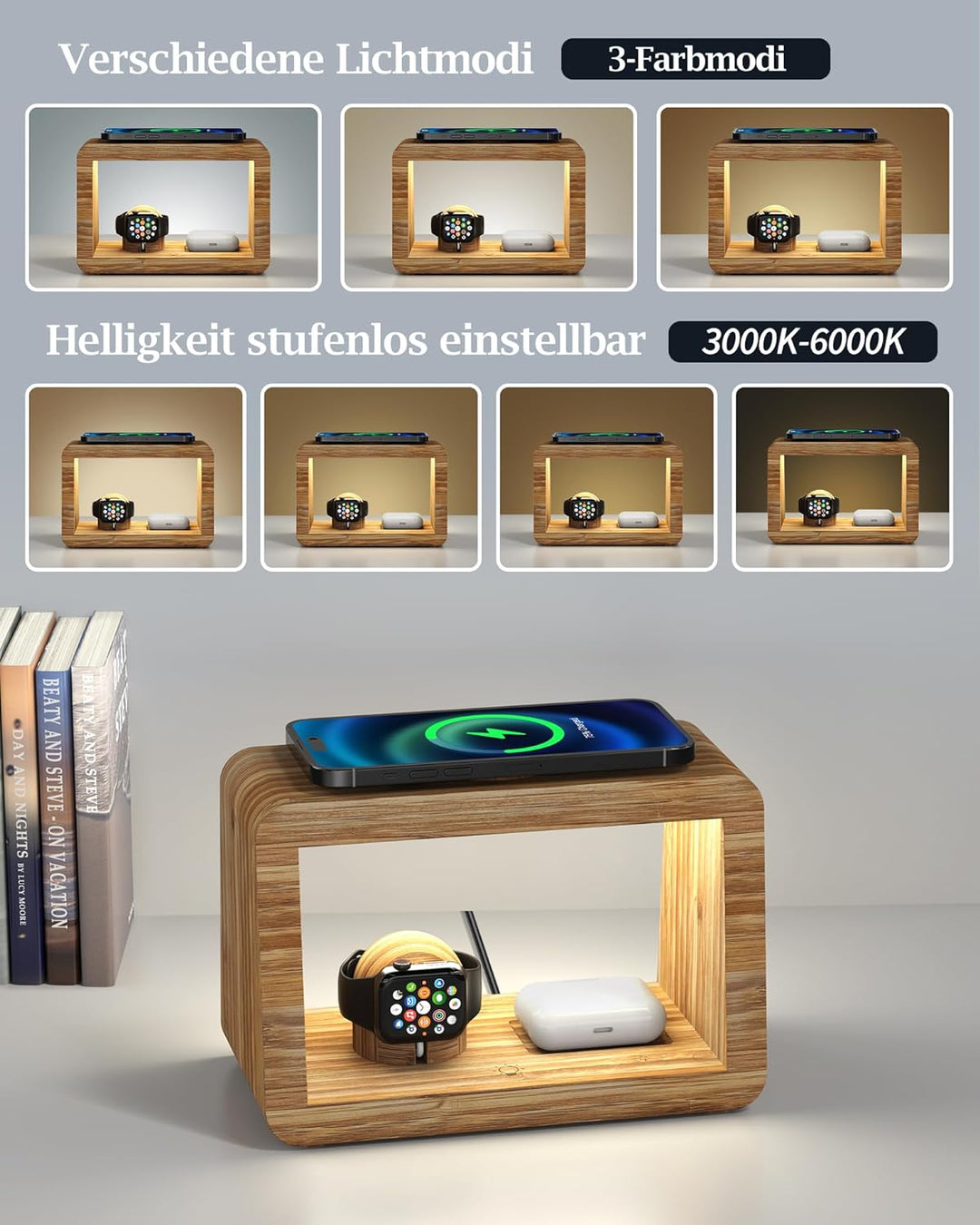 Kabellose Ladestation: 3-in-1 kabelloses Ladegerät mit Nachtlichtern – schnelle i Phone-Ladestation