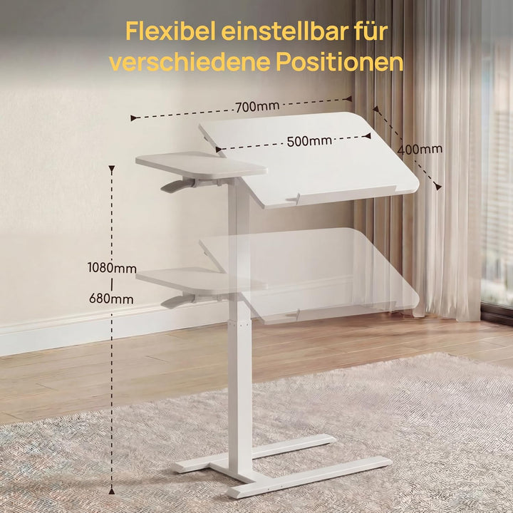 Viviendo Betttisch auf Rollen, Weiss, höhenverstellbarer Beistelltisch 68–108 cm mit Gasdruckfeder,