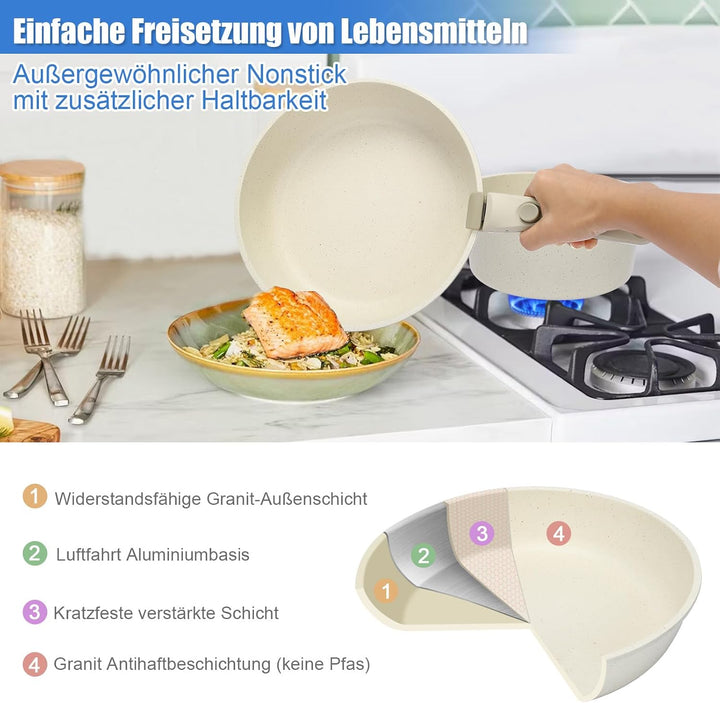 GFTIME Topfsets Pfannenset 17-teilig Antihaft-Keramikbeschichtung mit Abnehmbaren Griffen, Für Alle