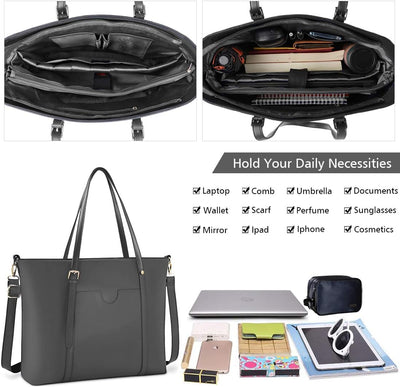 NUBILY Handtasche Shopper Damen Gross 15.6 Zoll PU Leder Shopper Schwarz Laptop Umhängetasche Gross