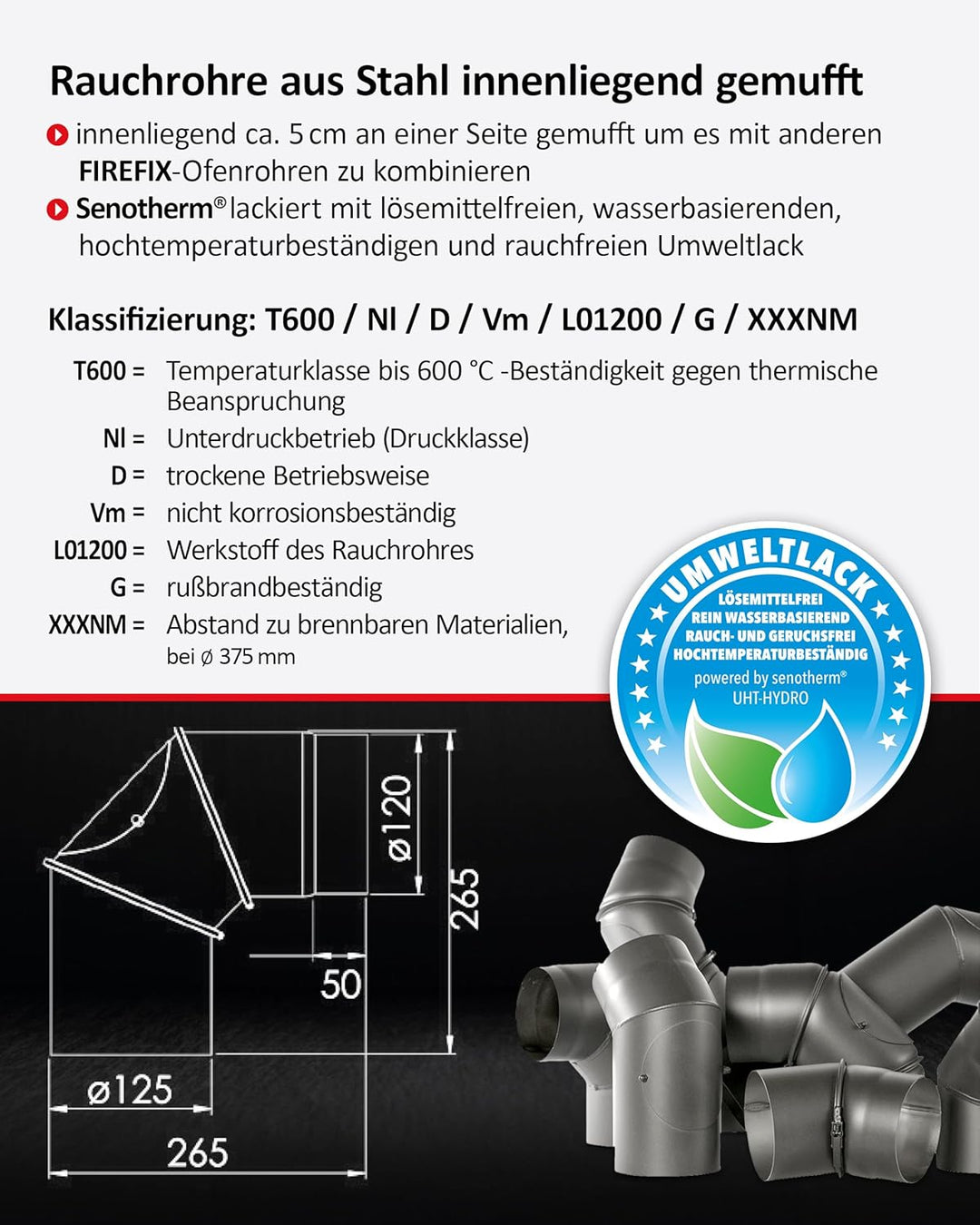 FIREFIX R120/B Ofenrohrbogen I Ofenrohr 120mm Durchmesser aus Stahlblech für Kaminofen I Beschichtet