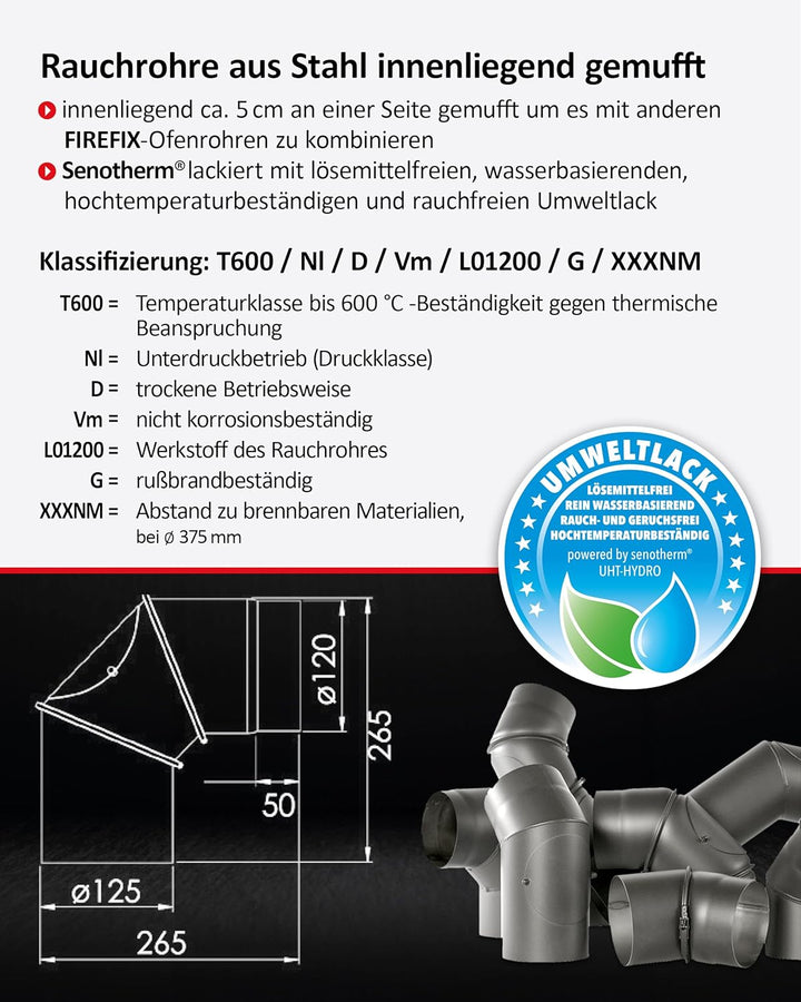 FIREFIX R120/B Ofenrohrbogen I Ofenrohr 120mm Durchmesser aus Stahlblech für Kaminofen I Beschichtet