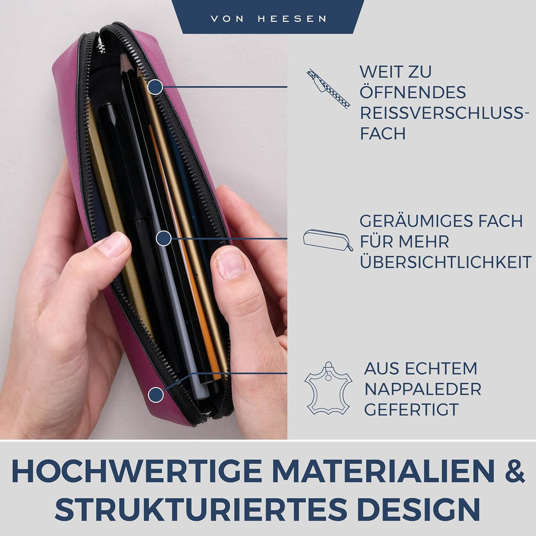 VON HEESEN® Echtleder Federmäppchen Leder Federmappe Etui für Stifte Mäppchen Schule Federtasche Uni