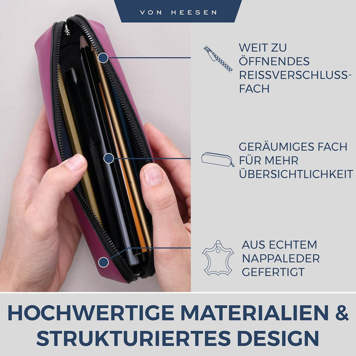 VON HEESEN® Echtleder Federmäppchen Leder Federmappe Etui für Stifte Mäppchen Schule Federtasche Uni
