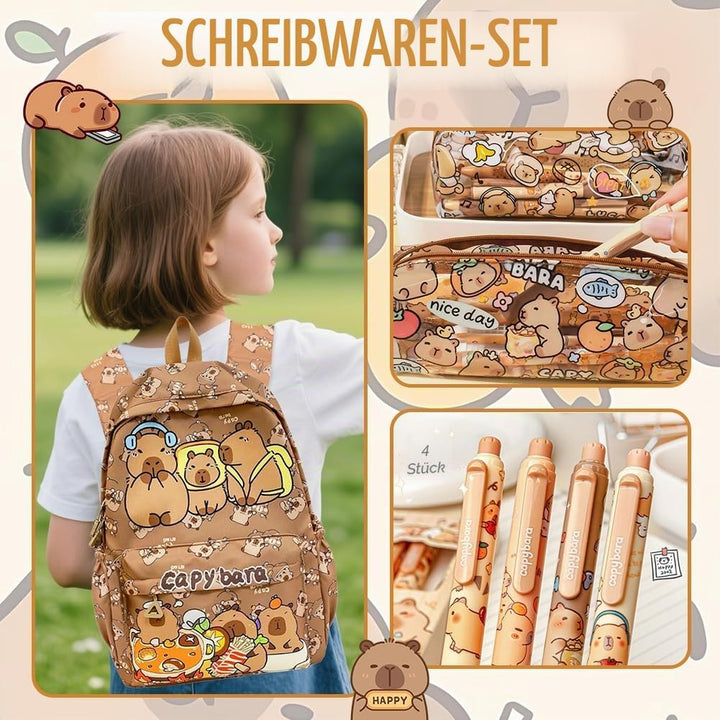 Capybara Rucksack Set, Schulrucksack Grosse Kapazität mit Capybara Federmäppchen, Stiften & Schlüsse