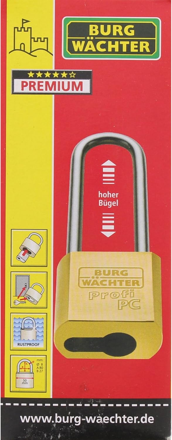 Burg-Wächter Vorhangschlosskorpus ohne Zylinder, Messing, 8 mm Bügelstärke, 2 Schlüssel, 116 PC 50 H