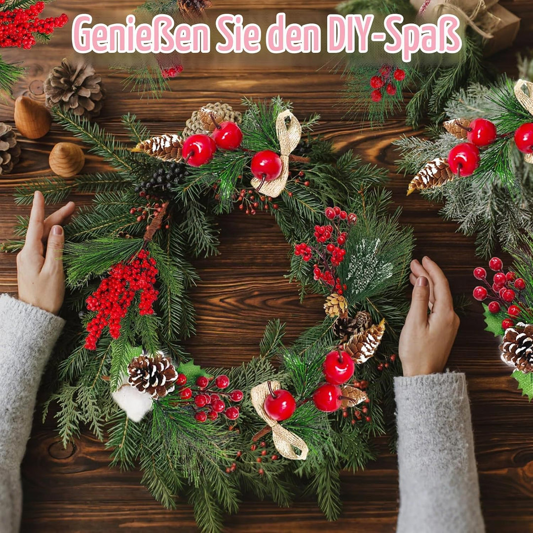 Morofme Künstliche Tannenzweige mit Rote Beeren Deko 6 Stück, Weihnachtszweige mit Tannenzapfen, Bau