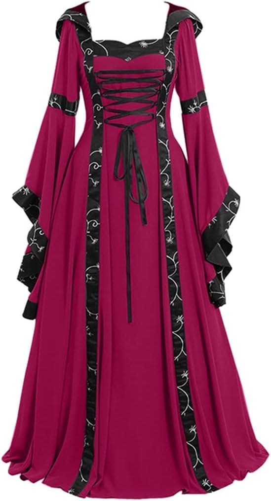 Mittelalter Kleidung Damen, Damen Mittelalter Kleid Satin Trompetenärmel Bodenlanges Retro Kostüm Ge