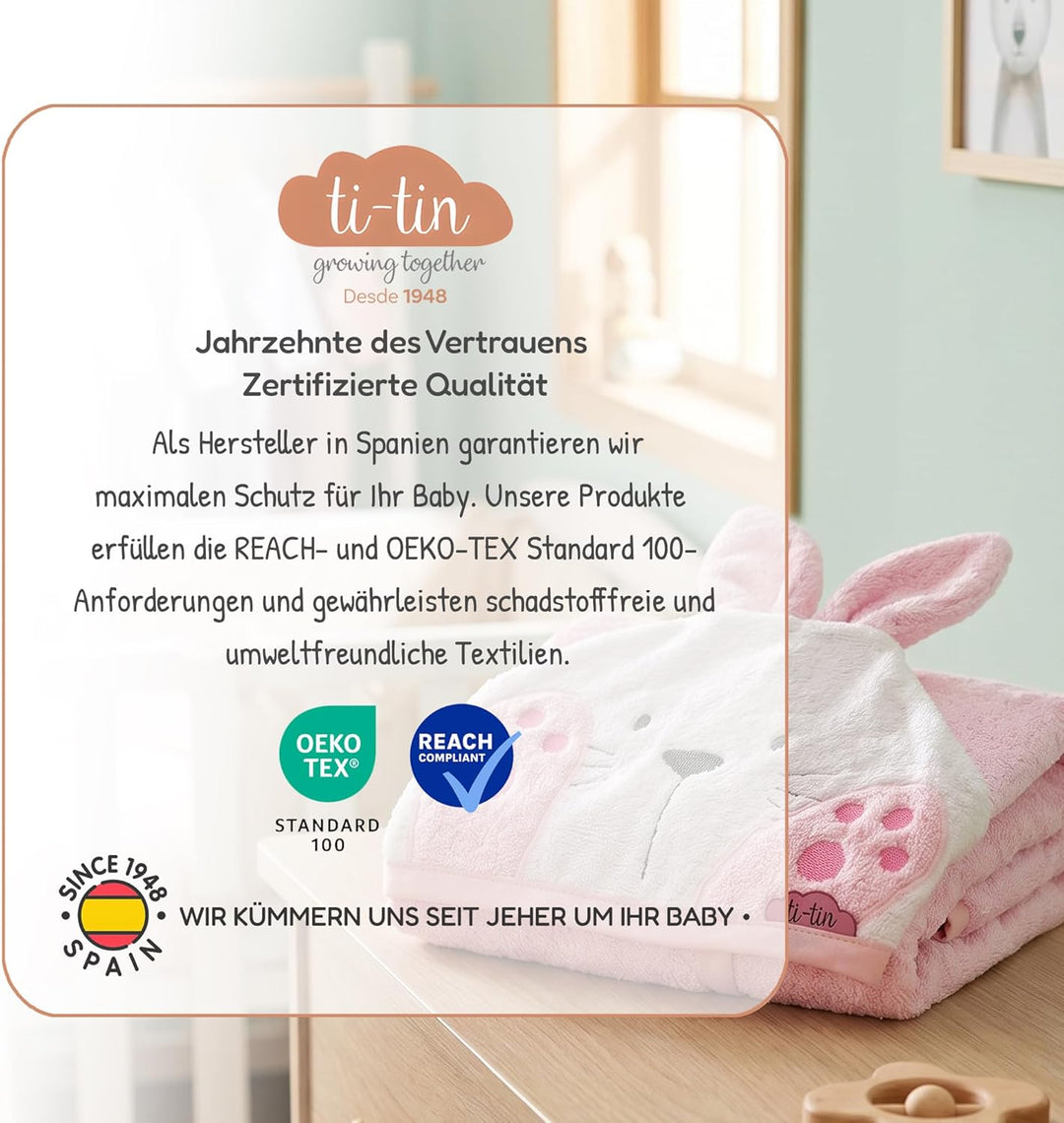 Ti TIN Kinder‑Bademantel mit Kapuze und Hasenohren – 100% Baumwolle, weich & saugfähi, Grösse 6–12 M
