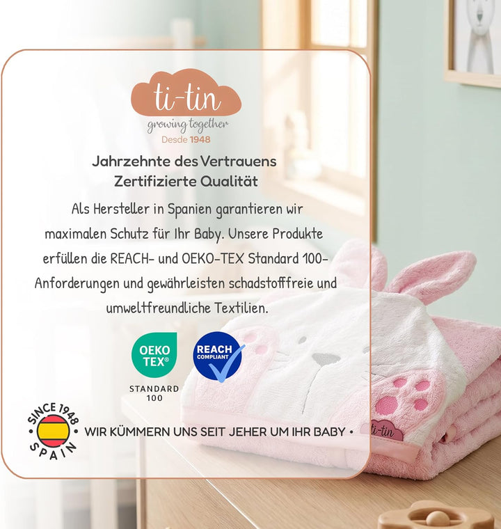 Ti TIN Kinder‑Bademantel mit Kapuze und Hasenohren – 100% Baumwolle, weich & saugfähi, Grösse 6–12 M