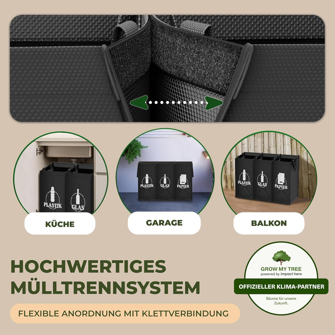 COTTARA® Mülltrennsystem 3fach Plastik, Glas, Papier | Stabiler Stand 4 x Stabilisatoren | Perfekt a