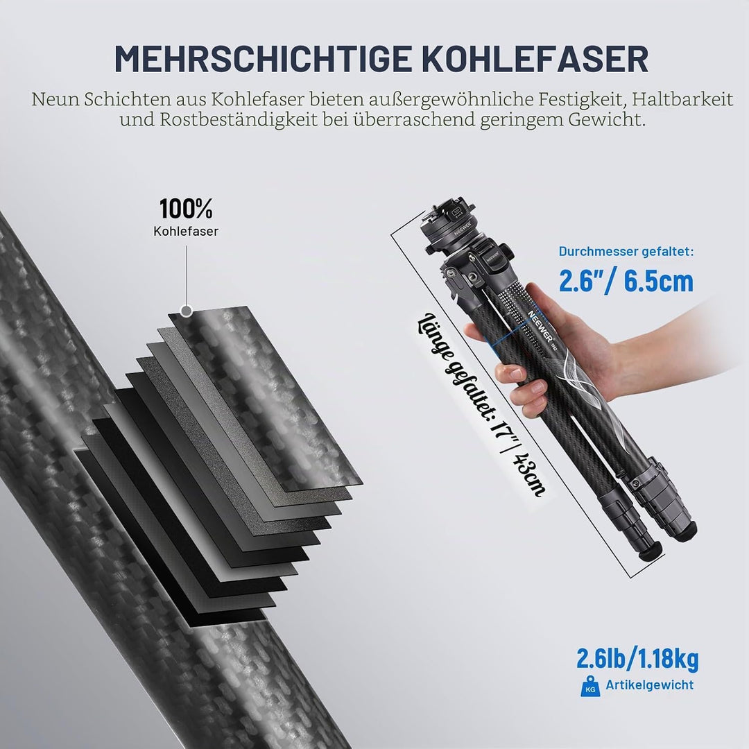 NEEWER LITETRIP LT32 62" Reisestativ aus Kohlefaser mit ±15° nivellierbar 360° Panoramakopf abnehmba