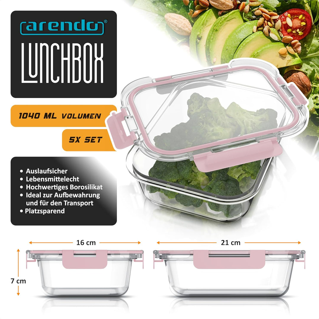 Arendo - Lunchboxen Glas - Frischhaltedosen für Lebensmittel mit Deckel luftdicht - 5er Set - 1000 m