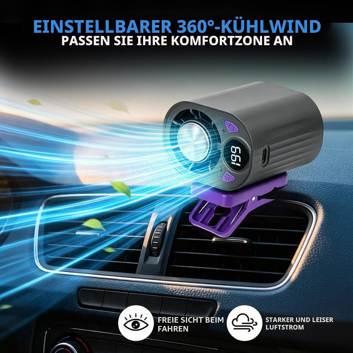 Jognee Clip-on Halbkühl Ventilator für Auto, 360° drehbar mit LED-Display